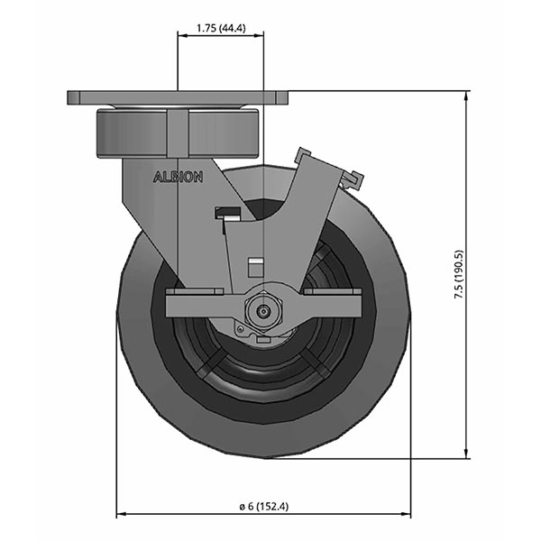 Side view drawing of caster with dimensions